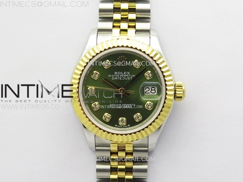 Datejust 28mm 279173 SS YG APSF Best Edition Green Dial Crystals Markers on Jubilee Bracelet NH05