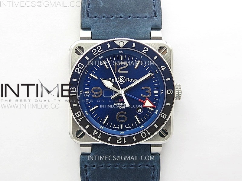 BR03-93 GMT Blue Black Bezle SS B12 Best Edition Blue Dial on Blue Leather Strap A2836