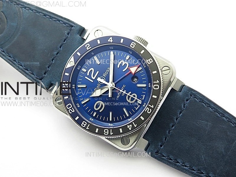 BR03-93 GMT Blue Black Bezle SS B12 Best Edition Blue Dial on Blue Leather Strap A2836