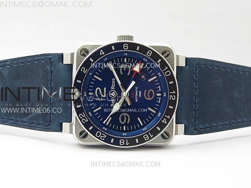 BR03-93 GMT Blue Black Bezle SS B12 Best Edition Blue Dial on Blue Leather Strap A2836