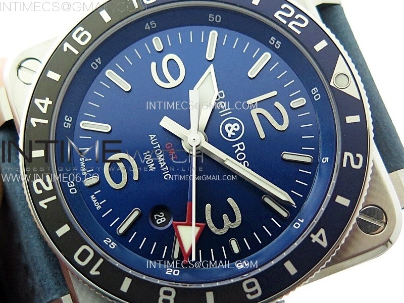 BR03-93 GMT Blue Black Bezle SS B12 Best Edition Blue Dial on Blue Leather Strap A2836