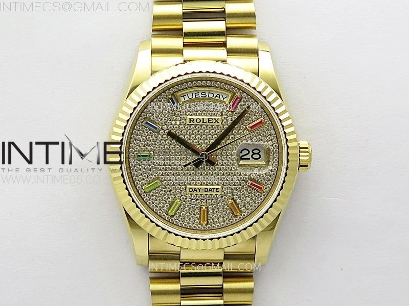 Day Date 36mm Gain Weight YG tungsten APSF 1:1 Best Edition Diamond Dial Rainbow Markers on SS President Bracelet A3255