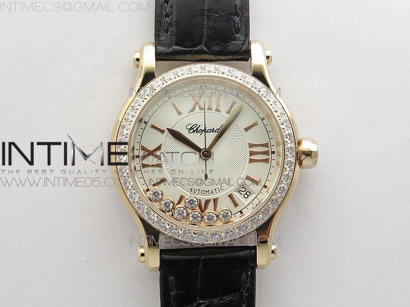 HAPPY SPORT AUTOMATIC RG 36MM CRYSTAL YYF 1:1 BEST EDITION WHITE DIAL ON BLACK LEATHER STRAP A2892