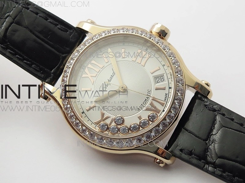 HAPPY SPORT AUTOMATIC RG 36MM CRYSTAL YYF 1:1 BEST EDITION WHITE DIAL ON BLACK LEATHER STRAP A2892