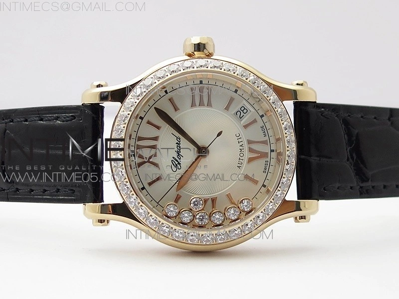 HAPPY SPORT AUTOMATIC RG 36MM CRYSTAL YYF 1:1 BEST EDITION WHITE DIAL ON BLACK LEATHER STRAP A2892