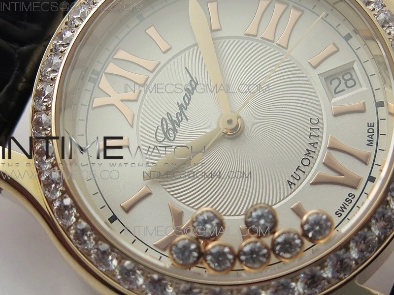 HAPPY SPORT AUTOMATIC RG 36MM CRYSTAL YYF 1:1 BEST EDITION WHITE DIAL ON BLACK LEATHER STRAP A2892