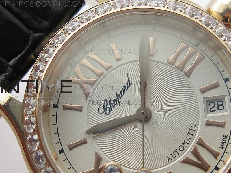 HAPPY SPORT AUTOMATIC RG 36MM CRYSTAL YYF 1:1 BEST EDITION WHITE DIAL ON BLACK LEATHER STRAP A2892