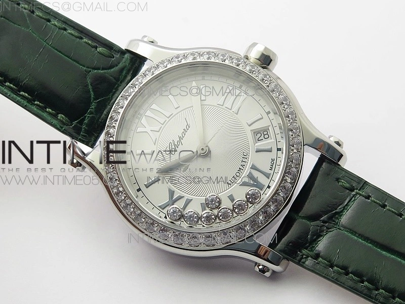 HAPPY SPORT AUTOMATIC SS 36MM CRYSTAL YYF 1:1 BEST EDITION WHITE DIAL ON GREEN LEATHER STRAP A2892