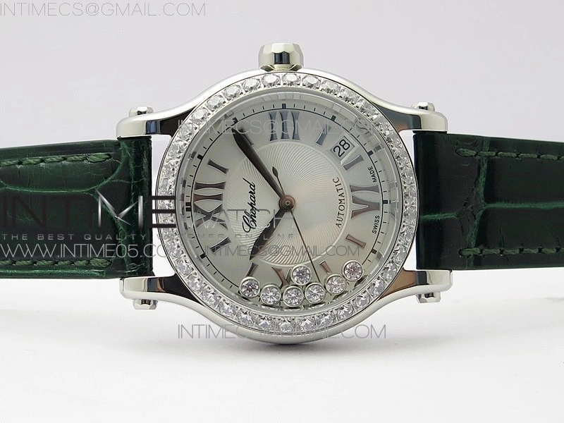 HAPPY SPORT AUTOMATIC SS 36MM CRYSTAL YYF 1:1 BEST EDITION WHITE DIAL ON GREEN LEATHER STRAP A2892