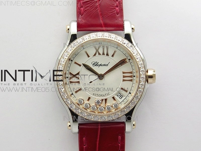HAPPY SPORT AUTOMATIC SS RG 36MM CRYSTAL YYF 1:1 BEST EDITION WHITE DIAL ON RED LEATHER STRAP A2892
