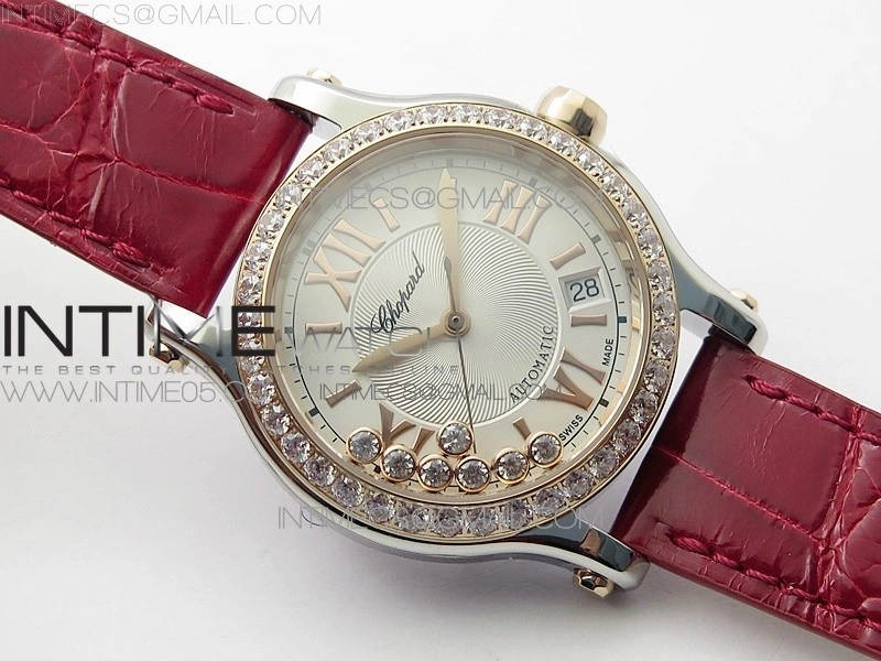 HAPPY SPORT AUTOMATIC SS RG 36MM CRYSTAL YYF 1:1 BEST EDITION WHITE DIAL ON RED LEATHER STRAP A2892