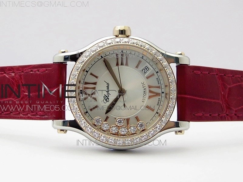 HAPPY SPORT AUTOMATIC SS RG 36MM CRYSTAL YYF 1:1 BEST EDITION WHITE DIAL ON RED LEATHER STRAP A2892