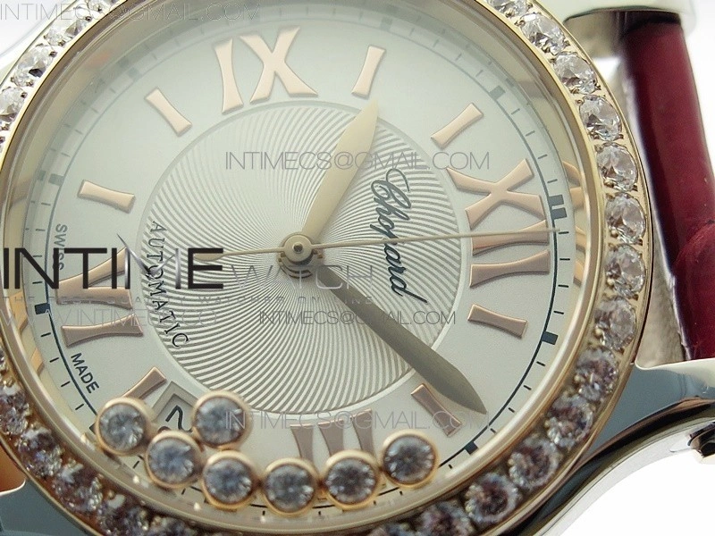HAPPY SPORT AUTOMATIC SS RG 36MM CRYSTAL YYF 1:1 BEST EDITION WHITE DIAL ON RED LEATHER STRAP A2892