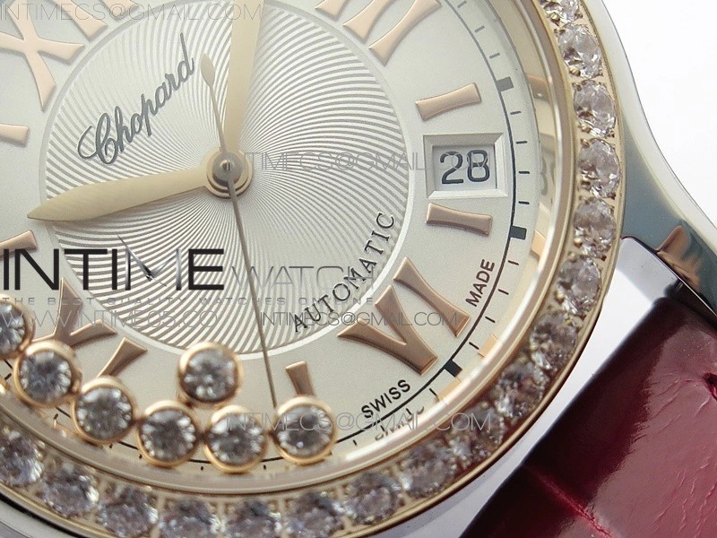 HAPPY SPORT AUTOMATIC SS RG 36MM CRYSTAL YYF 1:1 BEST EDITION WHITE DIAL ON RED LEATHER STRAP A2892