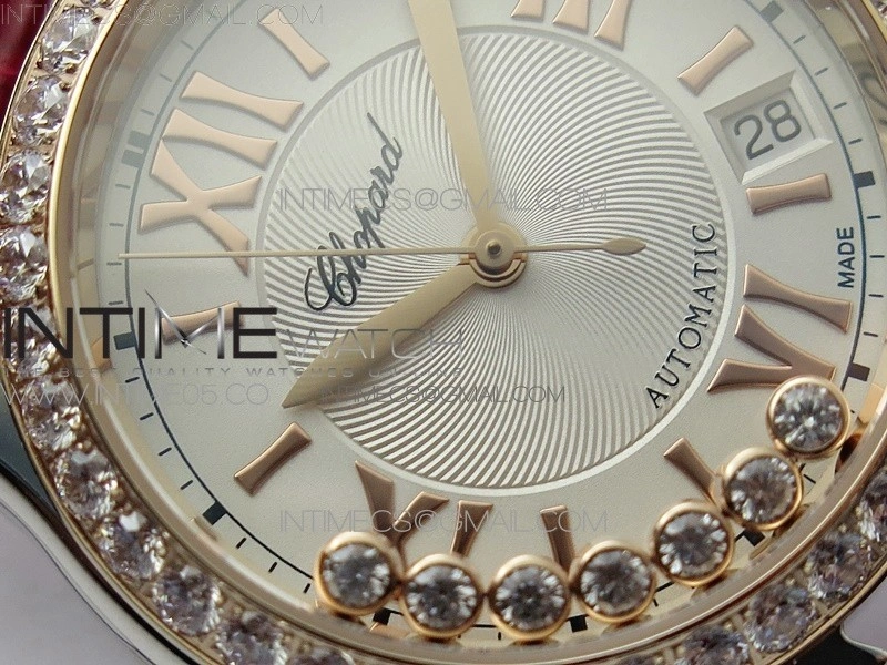 HAPPY SPORT AUTOMATIC SS RG 36MM CRYSTAL YYF 1:1 BEST EDITION WHITE DIAL ON RED LEATHER STRAP A2892