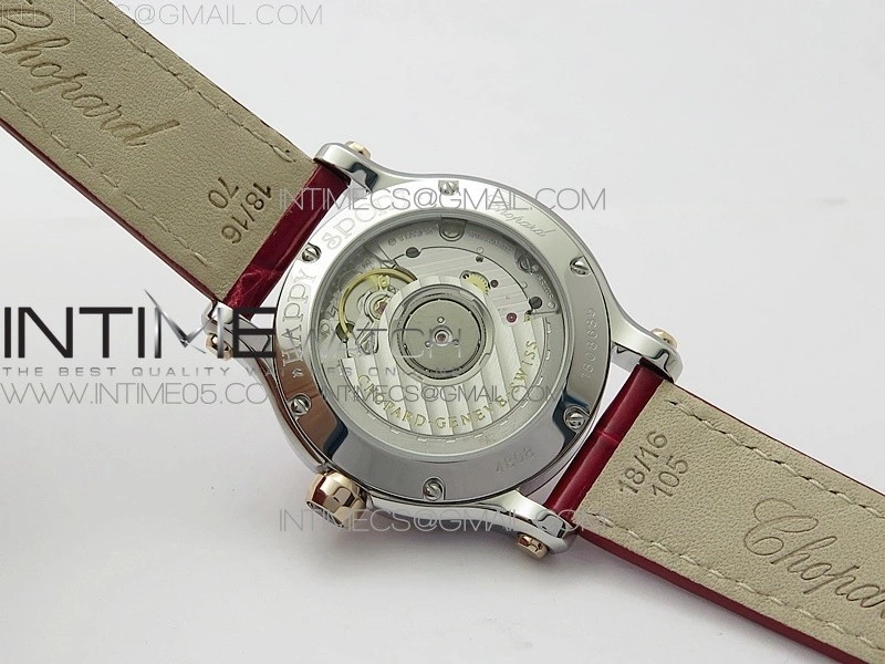 HAPPY SPORT AUTOMATIC SS RG 36MM CRYSTAL YYF 1:1 BEST EDITION WHITE DIAL ON RED LEATHER STRAP A2892