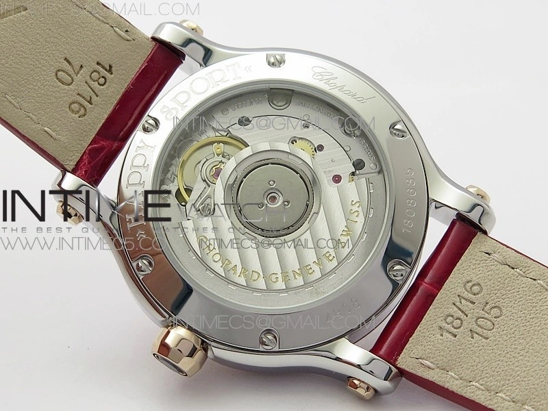 HAPPY SPORT AUTOMATIC SS RG 36MM CRYSTAL YYF 1:1 BEST EDITION WHITE DIAL ON RED LEATHER STRAP A2892