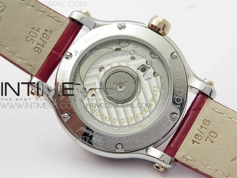 HAPPY SPORT AUTOMATIC SS RG 36MM CRYSTAL YYF 1:1 BEST EDITION WHITE DIAL ON RED LEATHER STRAP A2892