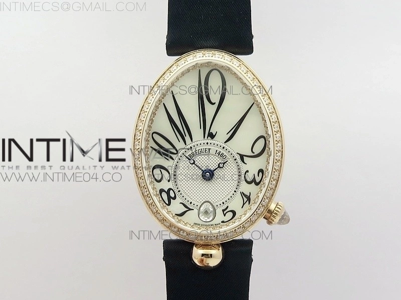Reine de Naples 8918BB RG ZF 1:1 Best Edition White MOP Dial Diamonds Bezel on Black Fabric Strap A537