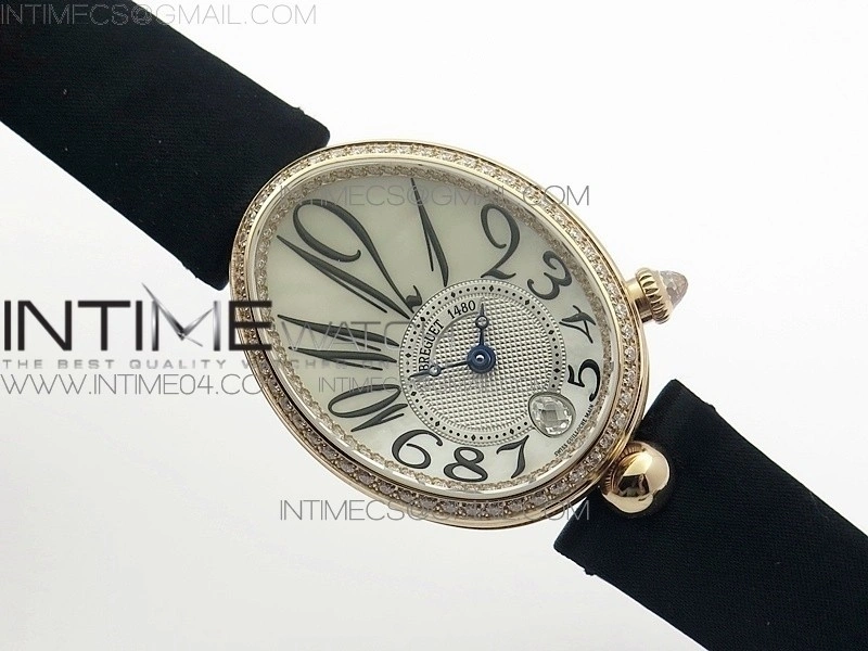 Reine de Naples 8918BB RG ZF 1:1 Best Edition White MOP Dial Diamonds Bezel on Black Fabric Strap A537
