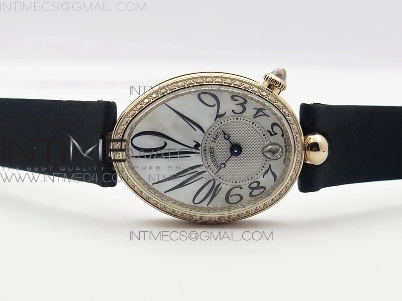 Reine de Naples 8918BB RG ZF 1:1 Best Edition White MOP Dial Diamonds Bezel on Black Fabric Strap A537