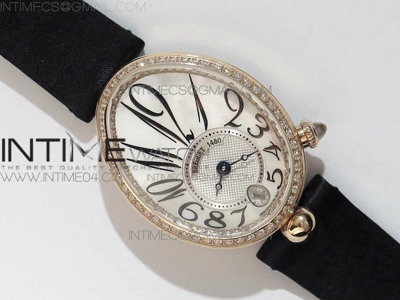 Reine de Naples 8918BB RG ZF 1:1 Best Edition White MOP Dial Diamonds Bezel on Black Fabric Strap A537