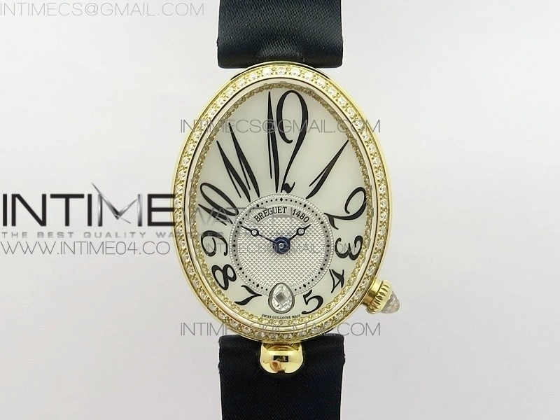 Reine de Naples 8918BB YG ZF 1:1 Best Edition White MOP Dial Diamonds Bezel on Black Fabric Strap A537