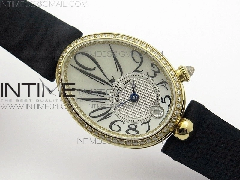 Reine de Naples 8918BB YG ZF 1:1 Best Edition White MOP Dial Diamonds Bezel on Black Fabric Strap A537