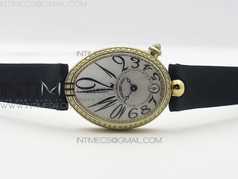 Reine de Naples 8918BB YG ZF 1:1 Best Edition White MOP Dial Diamonds Bezel on Black Fabric Strap A537