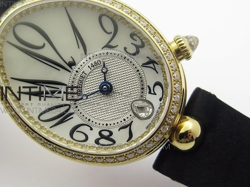 Reine de Naples 8918BB YG ZF 1:1 Best Edition White MOP Dial Diamonds Bezel on Black Fabric Strap A537