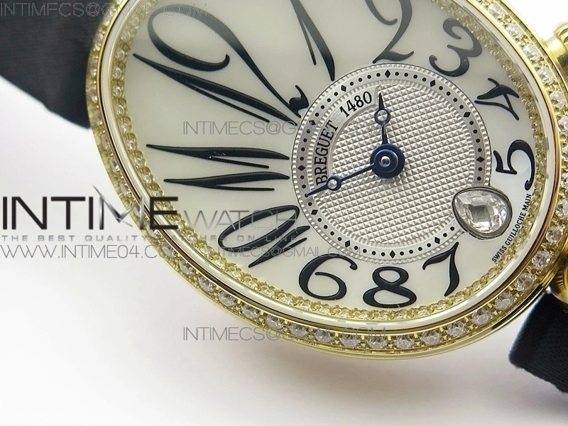 Reine de Naples 8918BB YG ZF 1:1 Best Edition White MOP Dial Diamonds Bezel on Black Fabric Strap A537