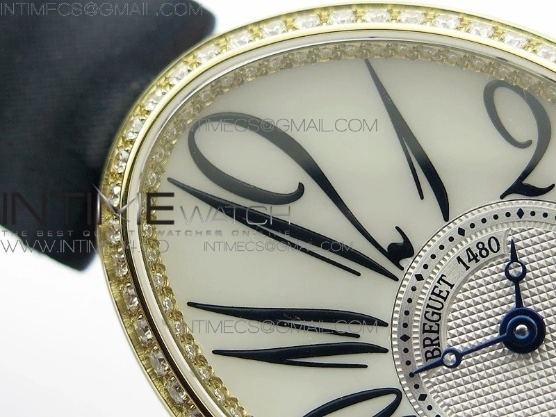 Reine de Naples 8918BB YG ZF 1:1 Best Edition White MOP Dial Diamonds Bezel on Black Fabric Strap A537