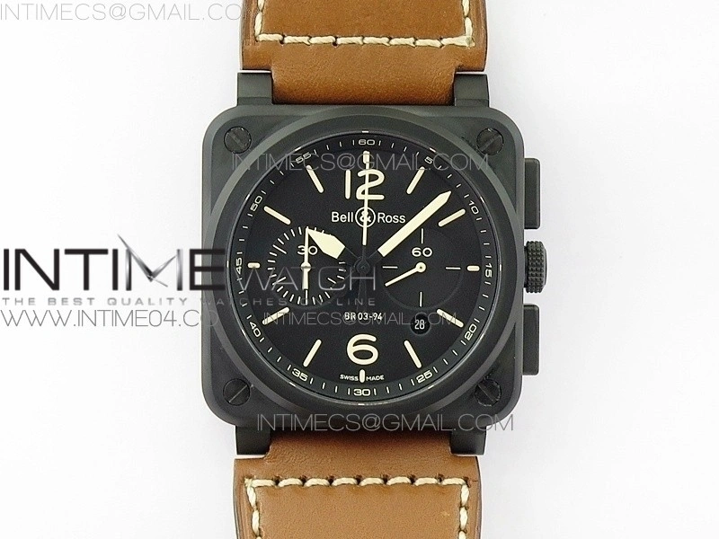 BR 03-94 Chrono PVD Black Dial Yellow Markers on Brown Leather Strap A7750