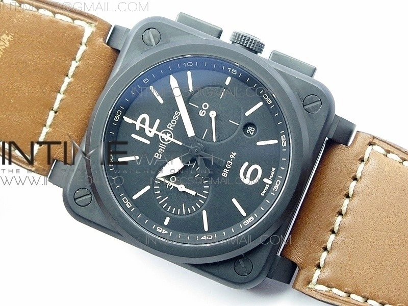 BR 03-94 Chrono PVD Black Dial Yellow Markers on Brown Leather Strap A7750