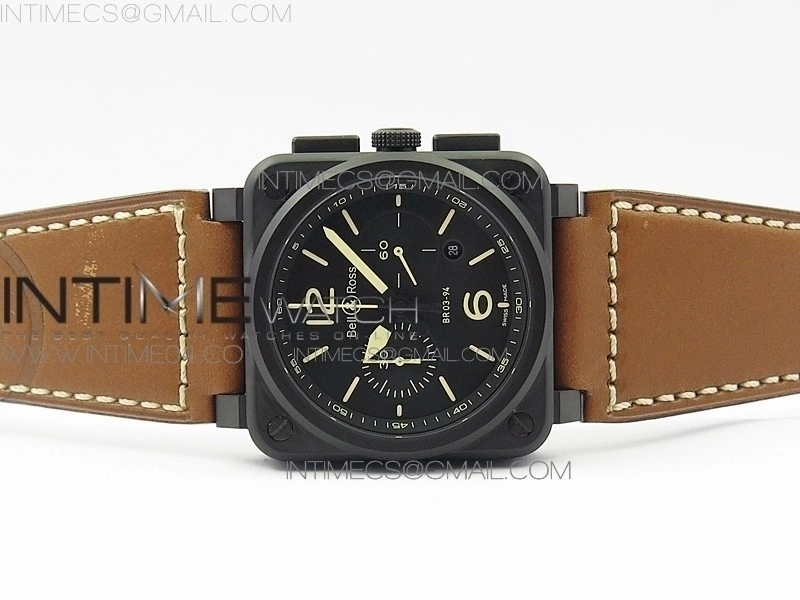 BR 03-94 Chrono PVD Black Dial Yellow Markers on Brown Leather Strap A7750
