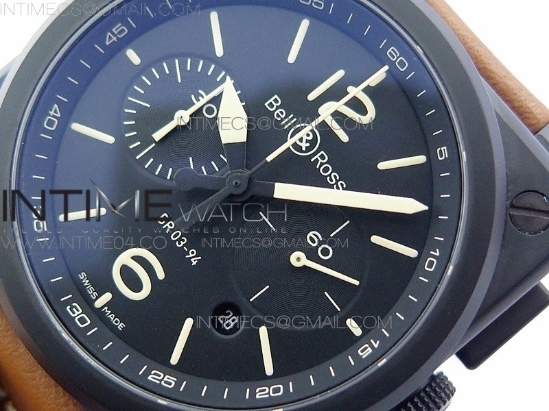BR 03-94 Chrono PVD Black Dial Yellow Markers on Brown Leather Strap A7750