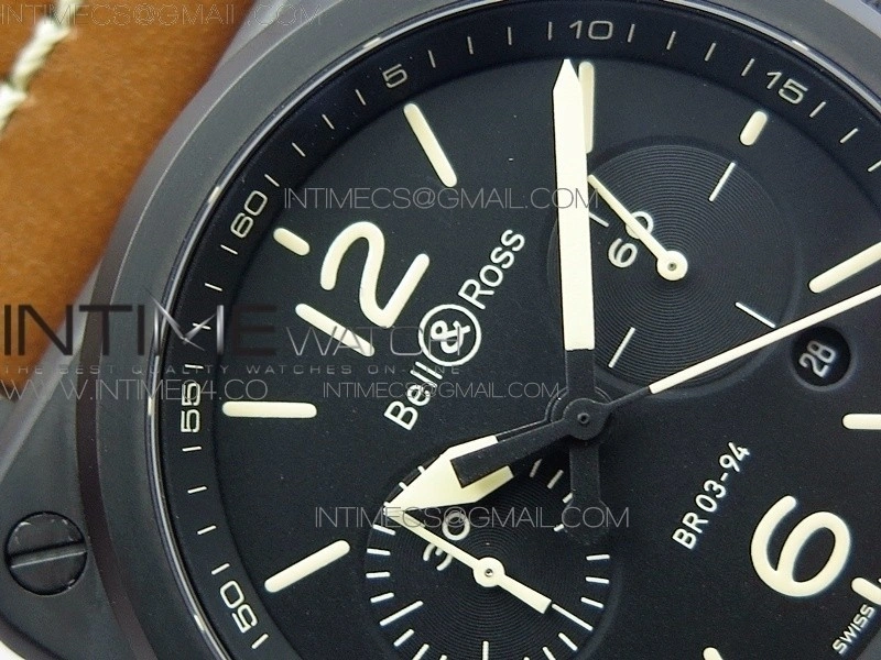 BR 03-94 Chrono PVD Black Dial Yellow Markers on Brown Leather Strap A7750