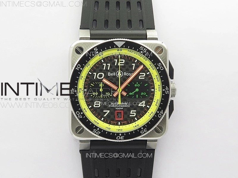 BR 03-94 Chrono Yellow Inner SS B50 Black Dial on Black Rubber Strap A7750
