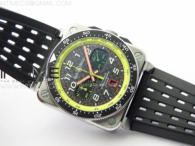 BR 03-94 Chrono Yellow Inner SS B50 Black Dial on Black Rubber Strap A7750