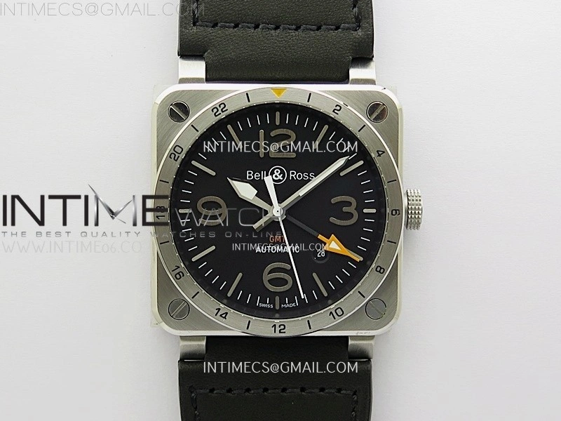 BR03-93 GMT SS B12 Best Edition Black Dial 42mm On Black Leather Strap A2836