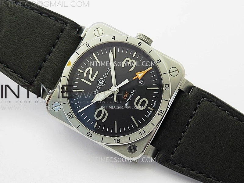 BR03-93 GMT SS B12 Best Edition Black Dial 42mm On Black Leather Strap A2836
