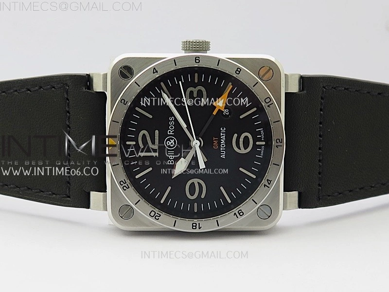 BR03-93 GMT SS B12 Best Edition Black Dial 42mm On Black Leather Strap A2836