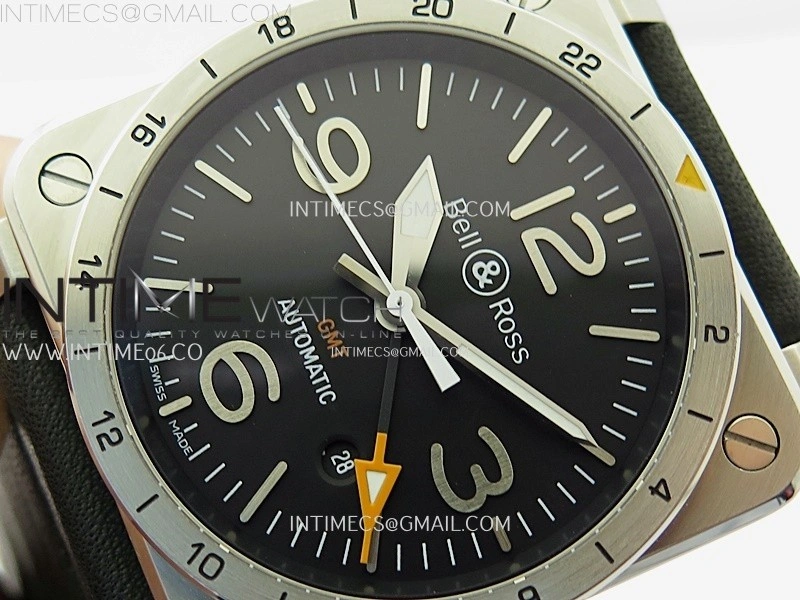 BR03-93 GMT SS B12 Best Edition Black Dial 42mm On Black Leather Strap A2836