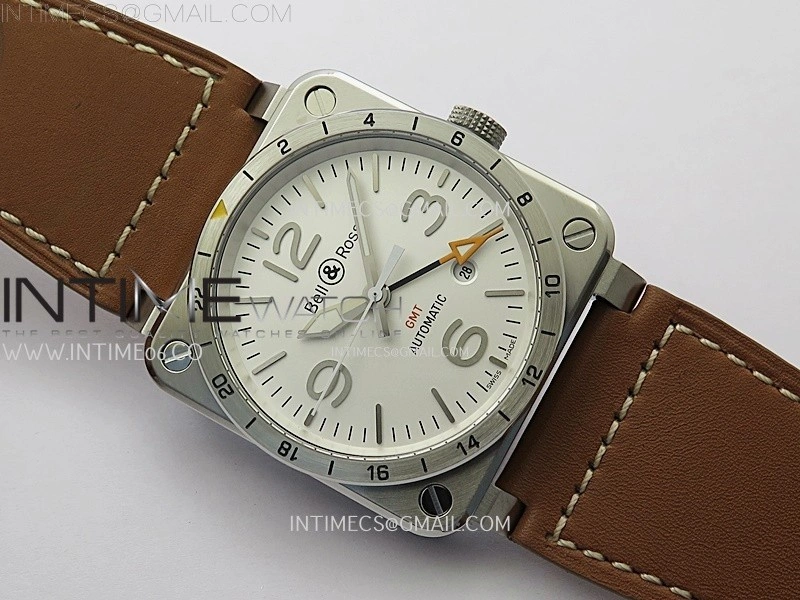 BR03-93 GMT SS B12 Best Edition White Dial 42mm On Brown Leather Strap A2836