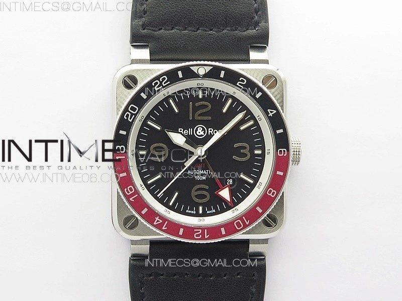 BR03-93 GMT SS B12 Black Dial on Black Leather Strap A2836 V2