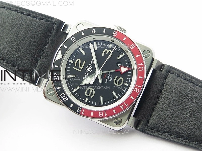 BR03-93 GMT SS B12 Black Dial on Black Leather Strap A2836 V2
