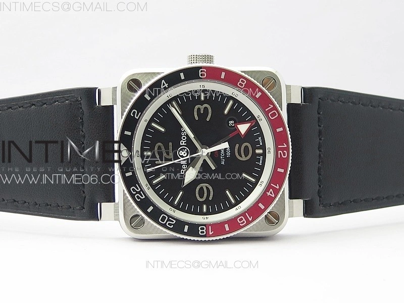 BR03-93 GMT SS B12 Black Dial on Black Leather Strap A2836 V2