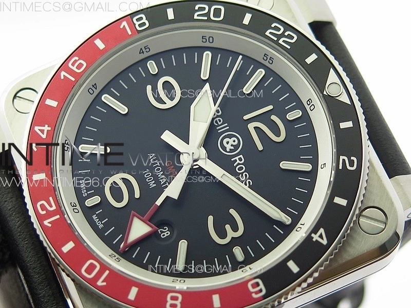 BR03-93 GMT SS B12 Black Dial on Black Leather Strap A2836 V2