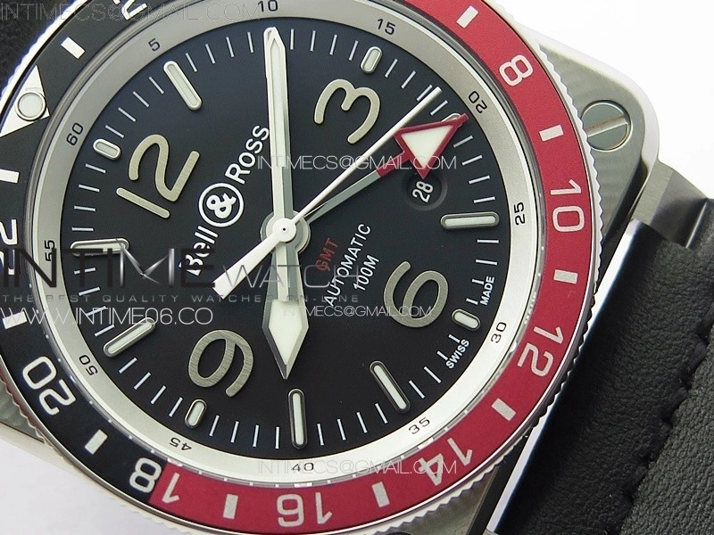 BR03-93 GMT SS B12 Black Dial on Black Leather Strap A2836 V2