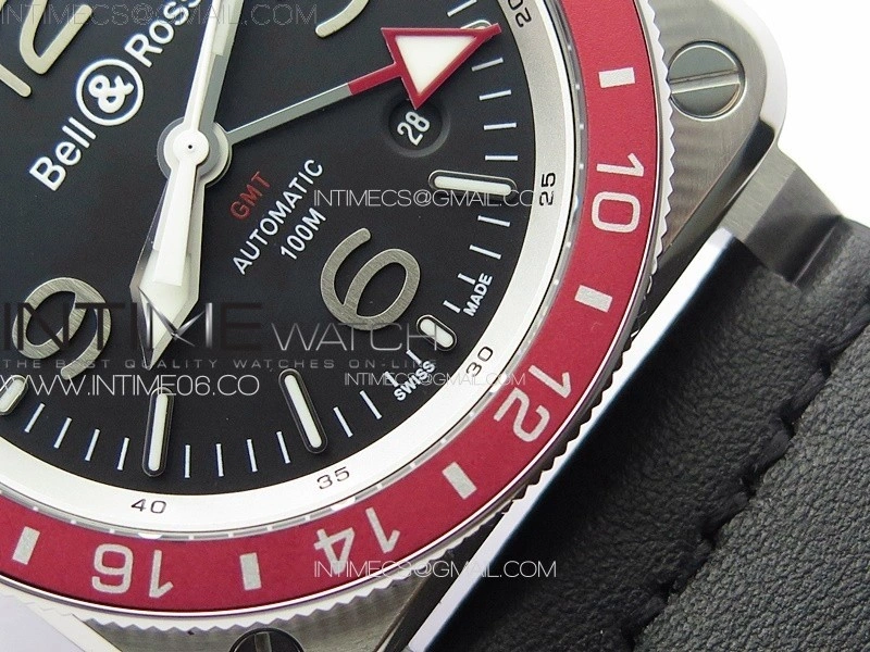 BR03-93 GMT SS B12 Black Dial on Black Leather Strap A2836 V2